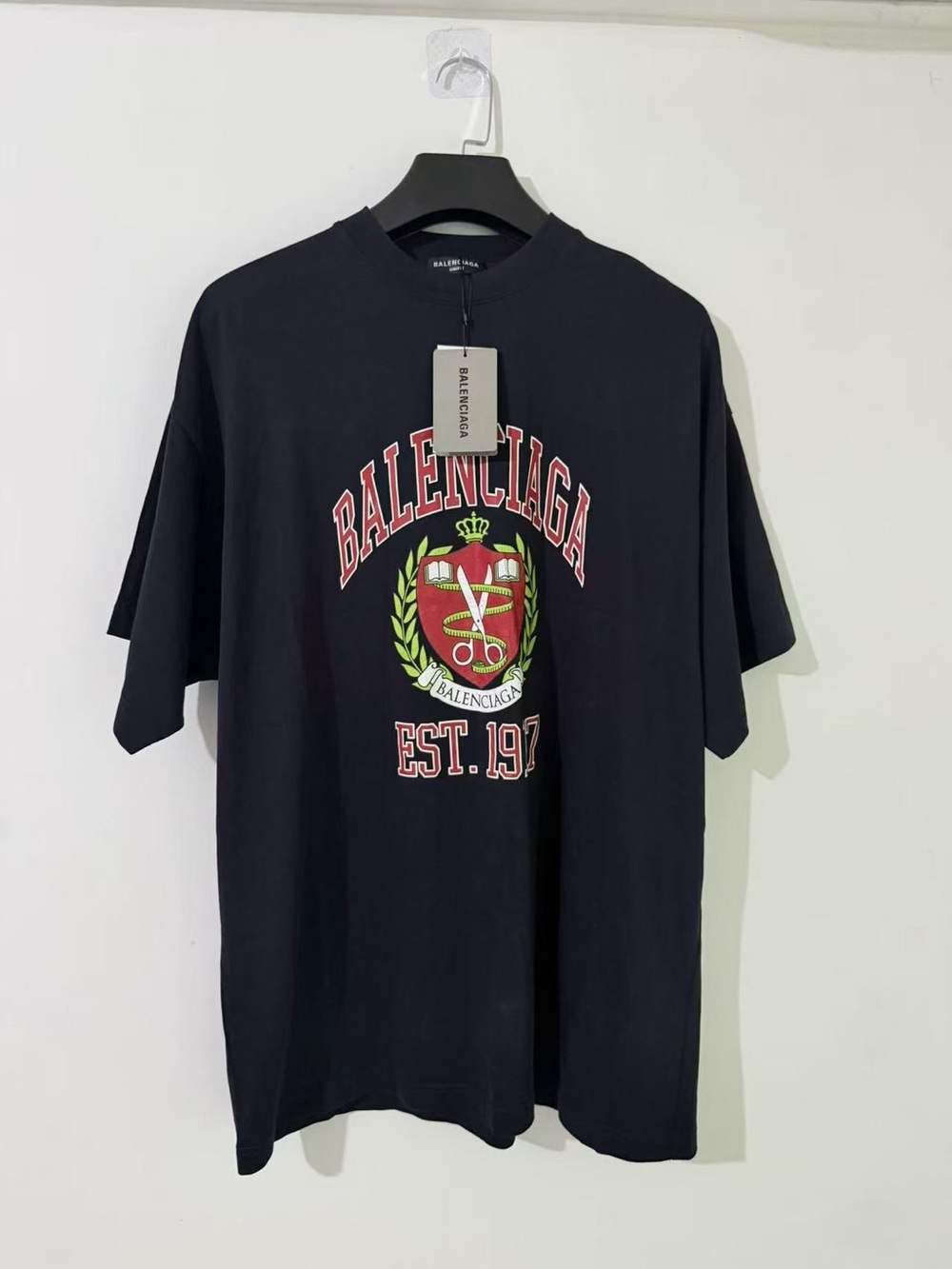 Balenciaga Black Short-Sleeve Crest Graphic Tee with Red and Green Accents